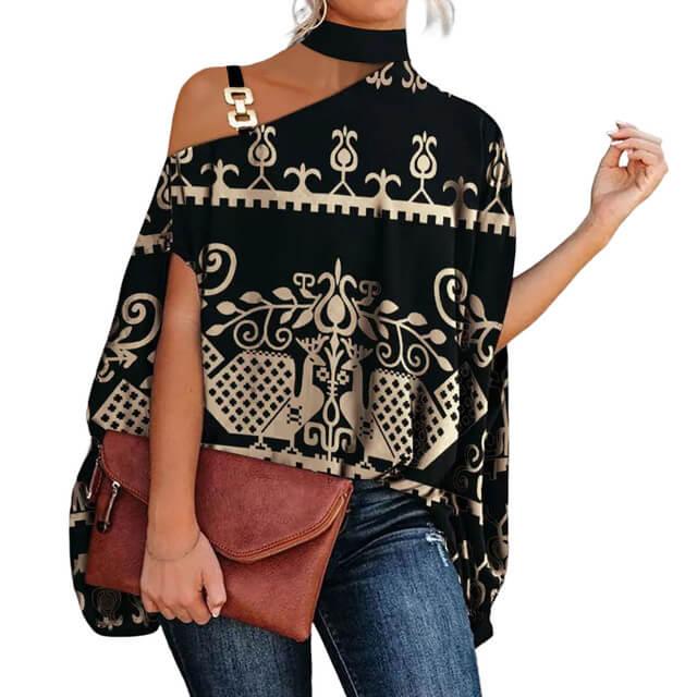 Camisa Feminina Gola Alta e Ombro Aberto - Brenda