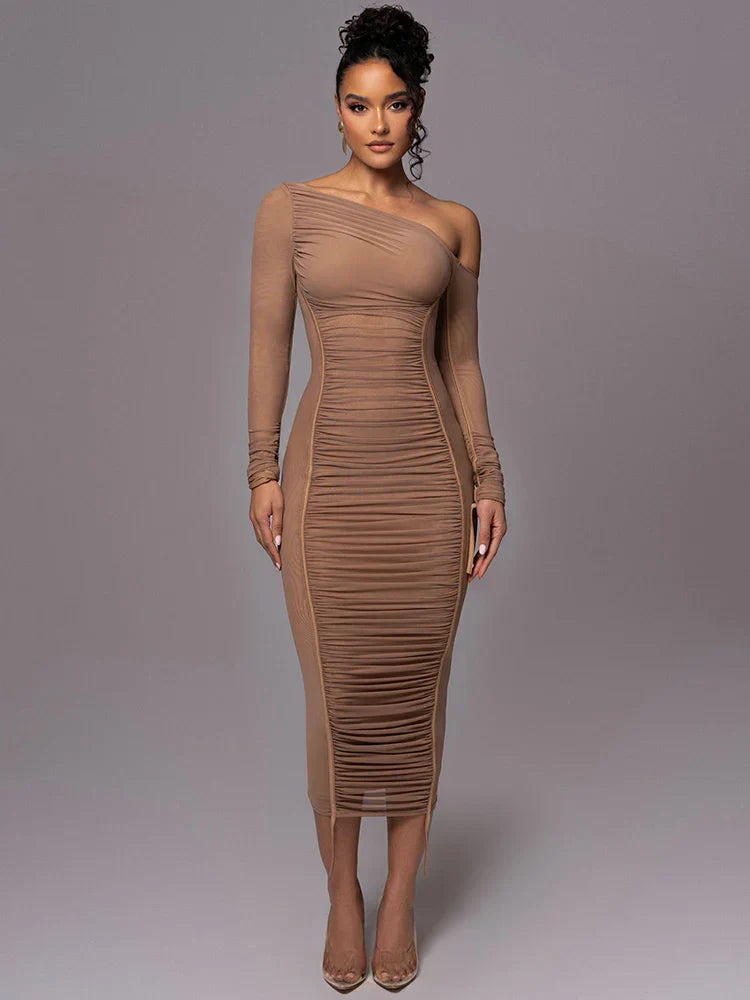 Vestido Midi Manga Longa de Tule Forrado Modern Lauren