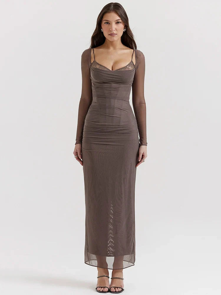 Vestido Longo com Espartilho em Camada Dupla de Tule Modern Luxury - Manga Longa