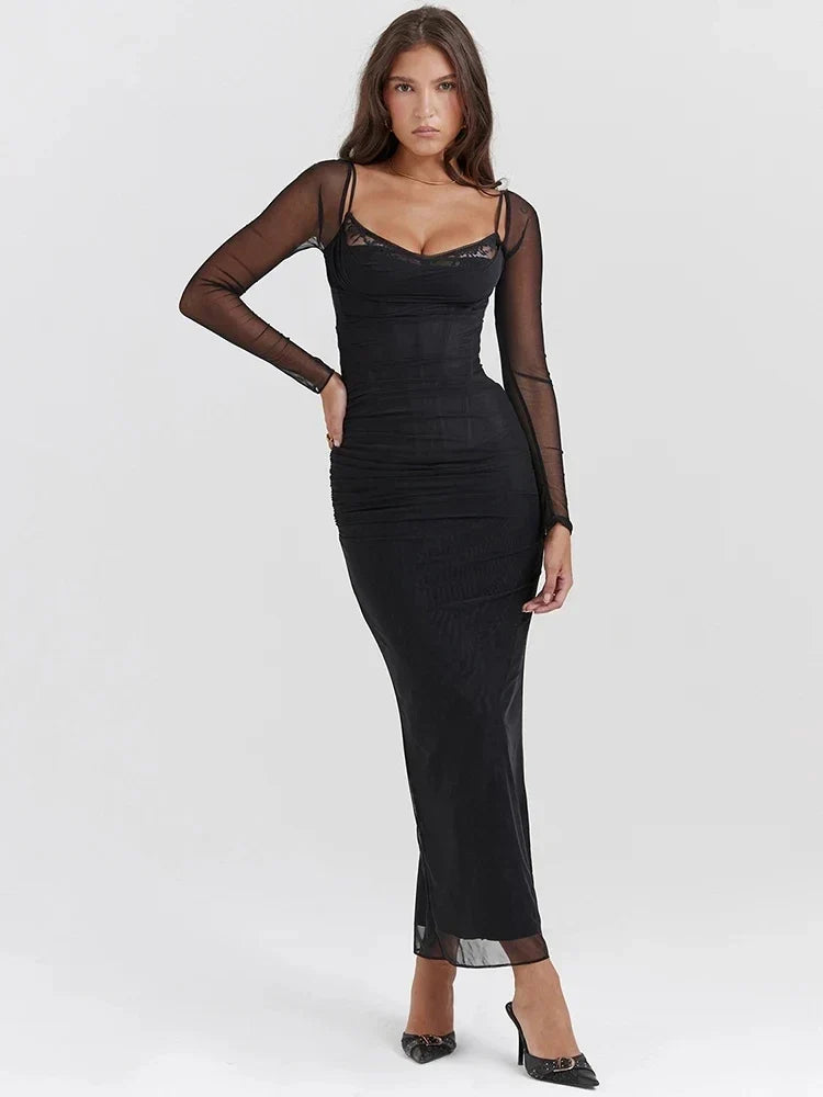 Vestido Longo com Espartilho em Camada Dupla de Tule Modern Luxury - Manga Longa