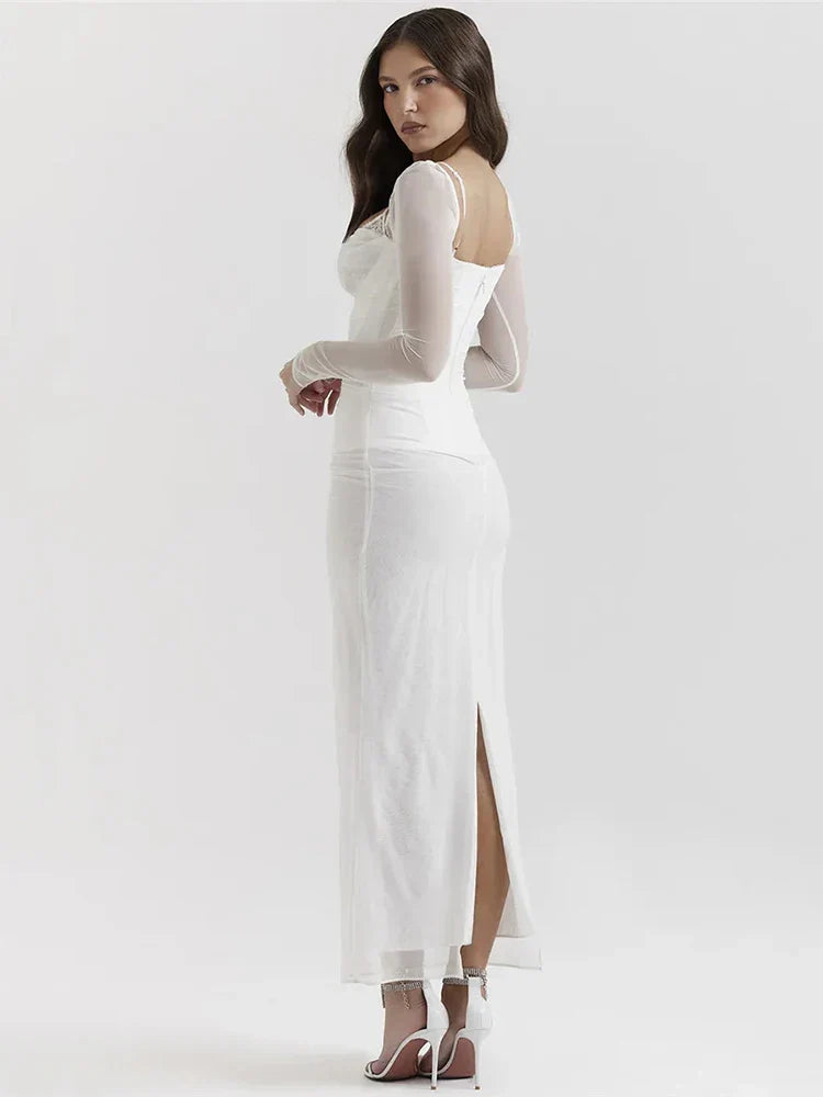 Vestido Longo com Espartilho em Camada Dupla de Tule Modern Luxury - Manga Longa