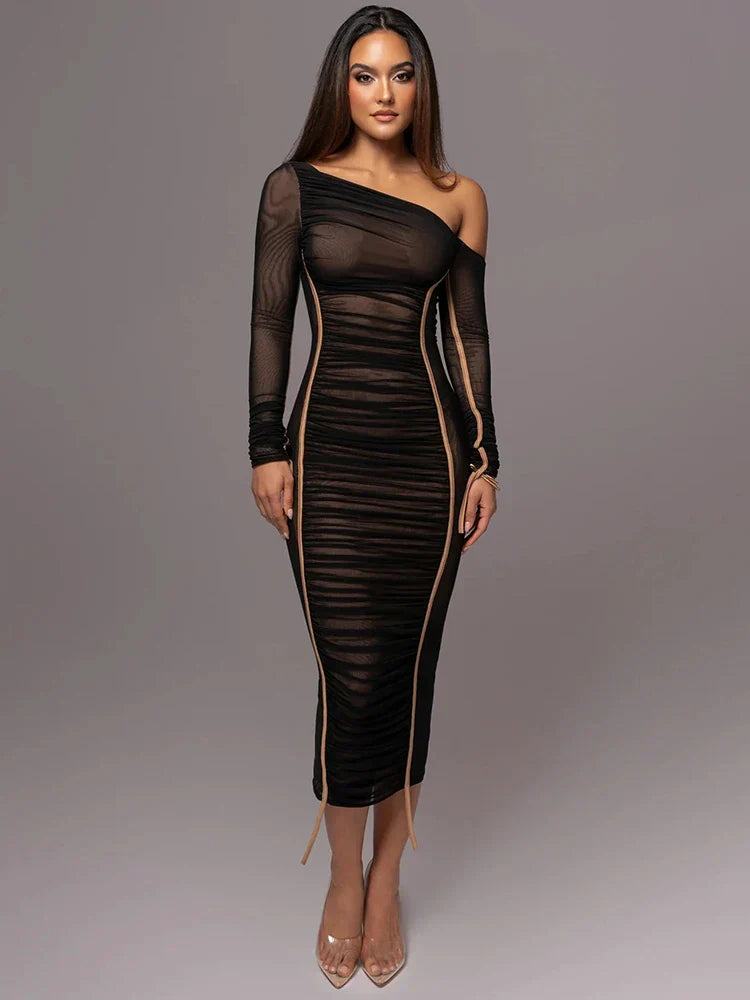 Vestido Midi Manga Longa de Tule Forrado Modern Lauren