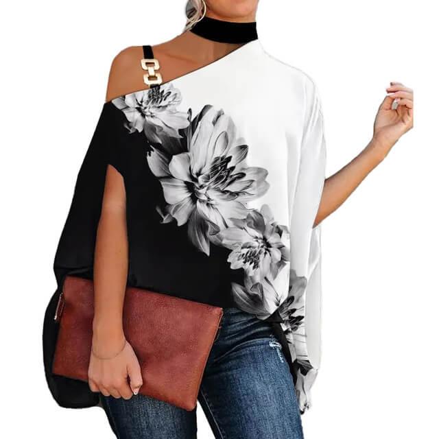 Camisa Feminina Gola Alta e Ombro Aberto - Brenda