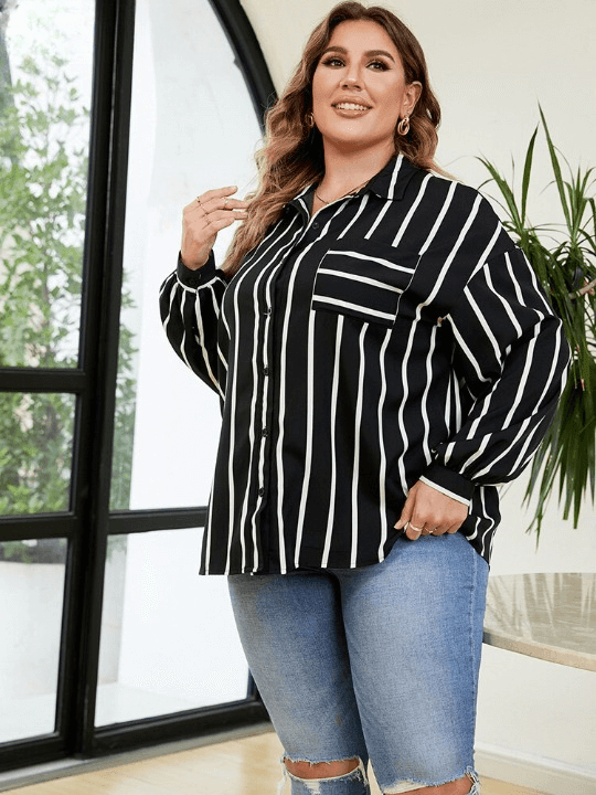 Camisa Casual Feminina Listras Plus Size