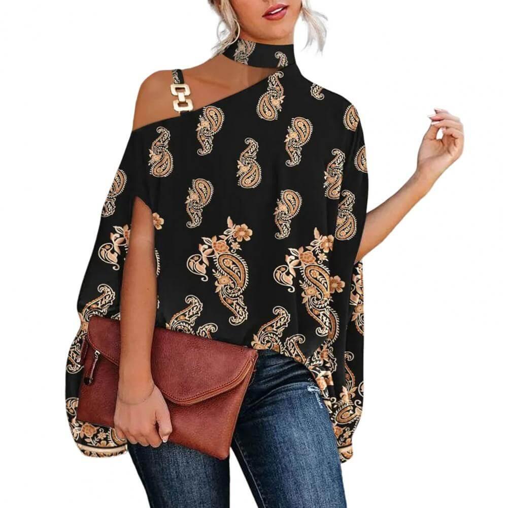 Camisa Feminina Gola Alta e Ombro Aberto - Brenda