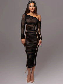 Vestido Midi Manga Longa de Tule Forrado Modern Lauren